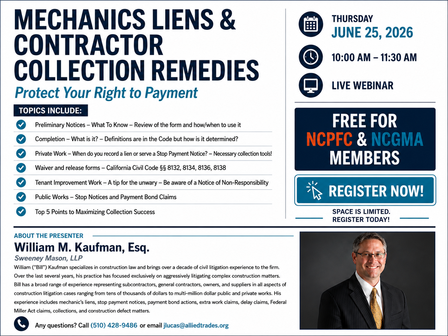 Webinar flyer for Mechanics Liens & Contractor Collection Remedies, a free live webinar on Thursday, June 25, 2026 from 10:00–11:30 AM, free for NCPFC and NCGMA members.